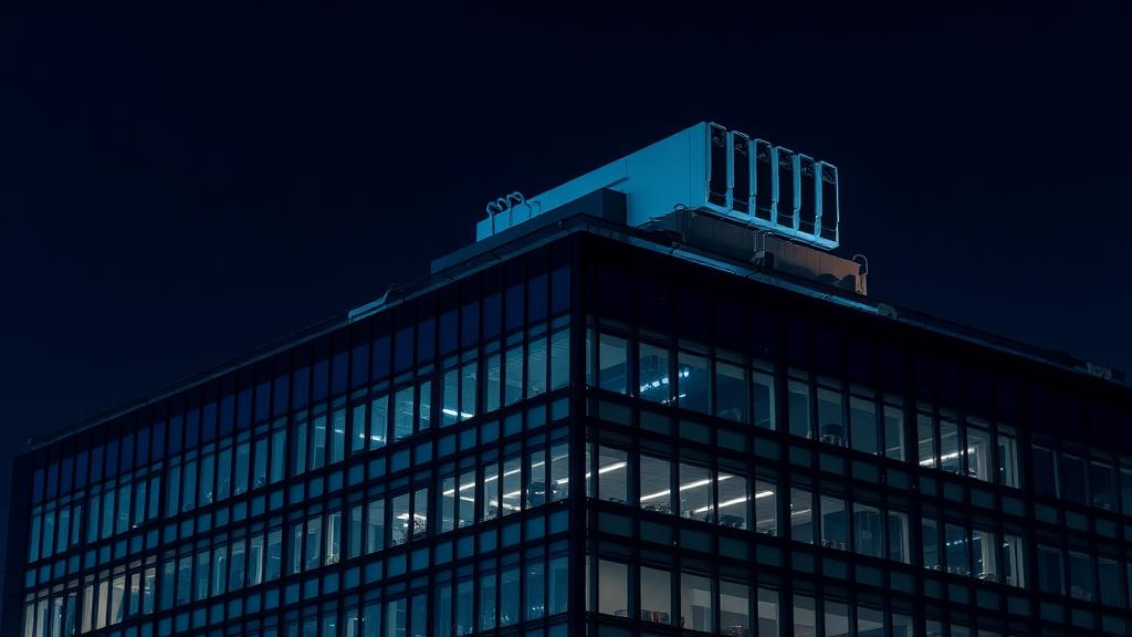Modern commercial building at night with rooftop HVAC plant