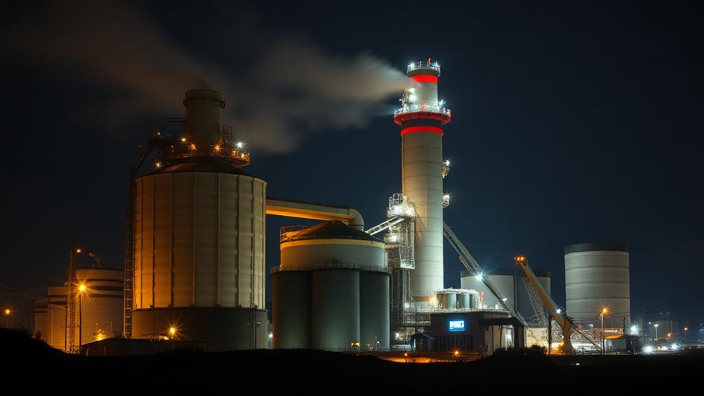 Cement plant kiln and preheater tower lit at night