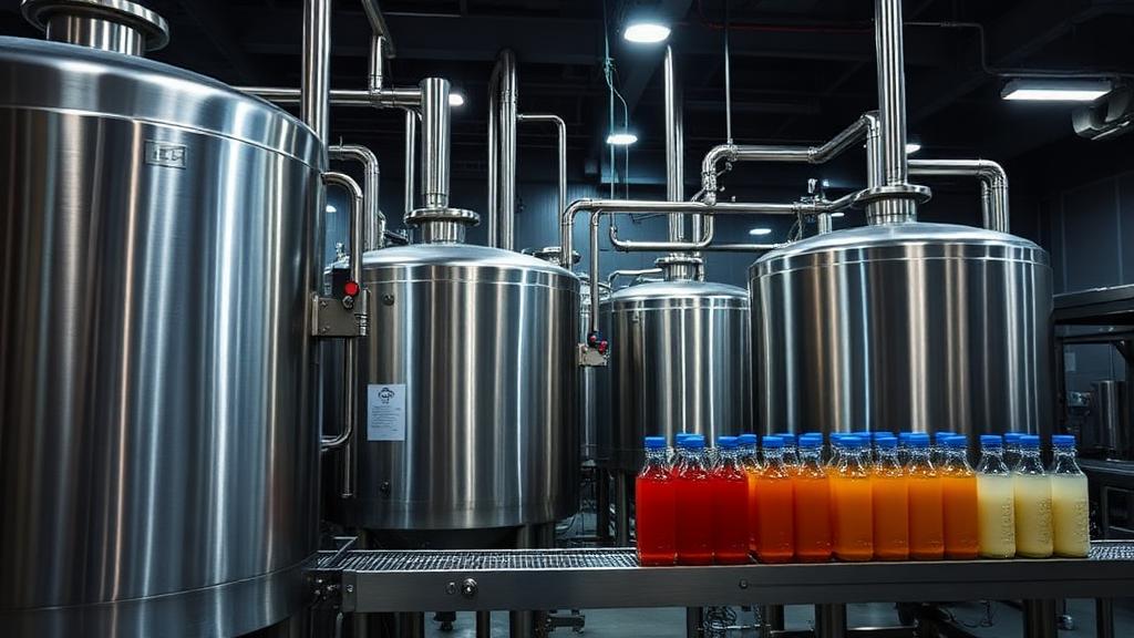 Beverage plant with stainless mixing vessels and bottling line
