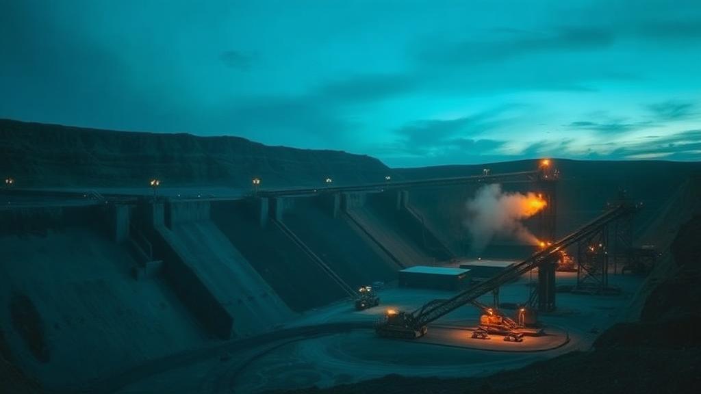 Open-pit mine with conveyors and crusher plant at dusk