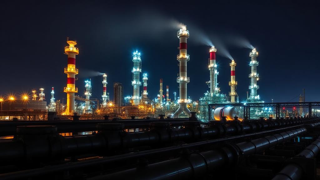Refinery pipelines and process towers illuminated at night
