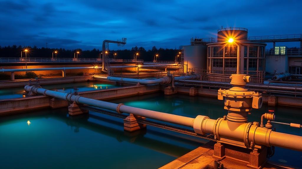 Water treatment plant with pumps and clarifier tanks