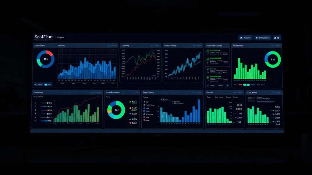 Dark industrial analytics dashboard with charts and KPIs