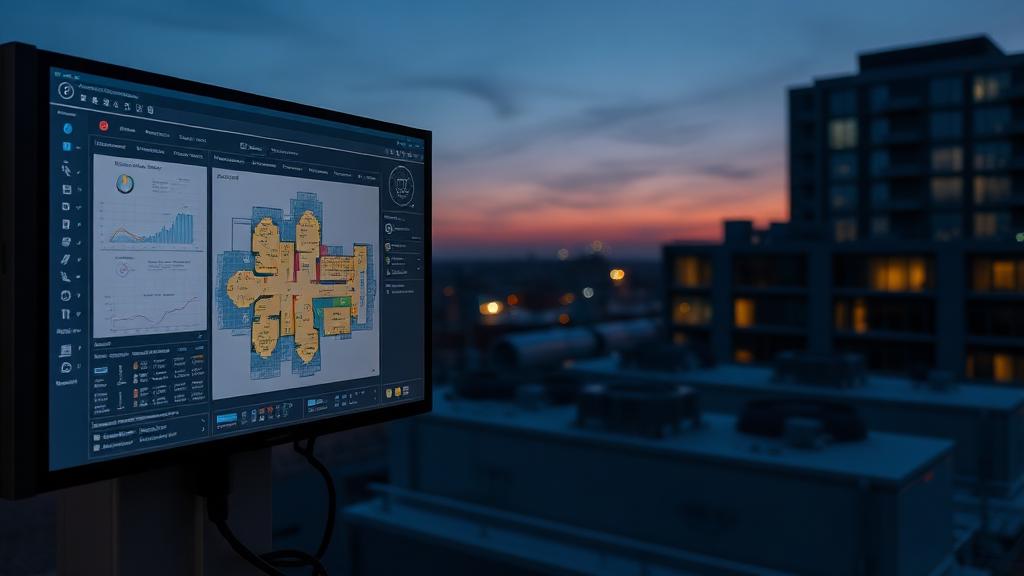 Building management system screen with HVAC floor plan graphics