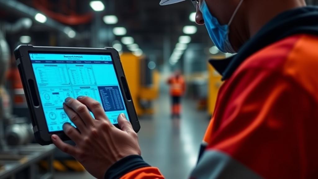 Operator using a rugged tablet with digital work instructions