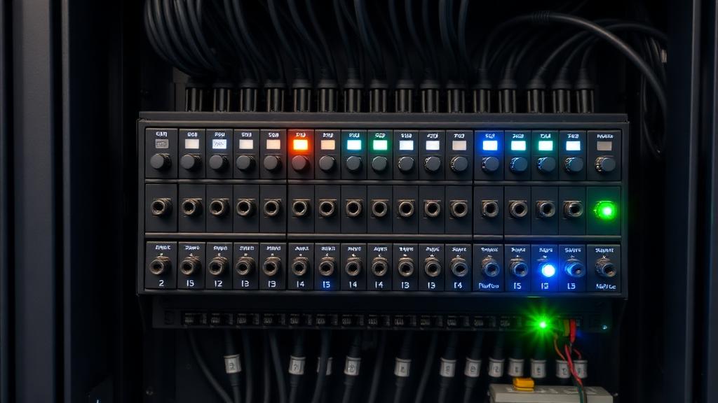 PLC rack with IO modules and status LEDs in a control panel