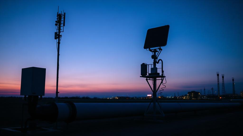 Remote telemetry station with antenna beside a pipeline at dusk