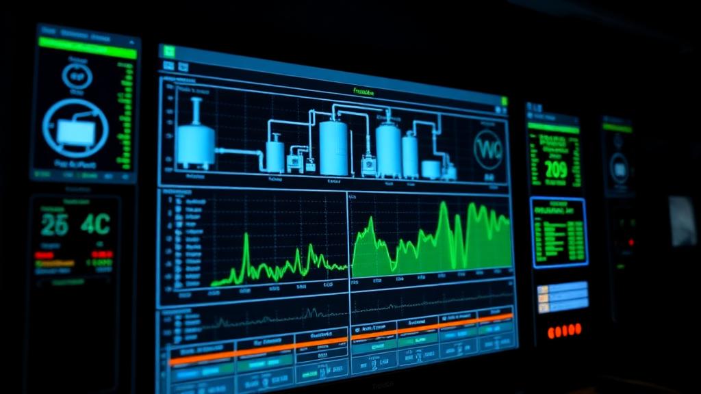 SCADA HMI screen showing a plant mimic and process trends